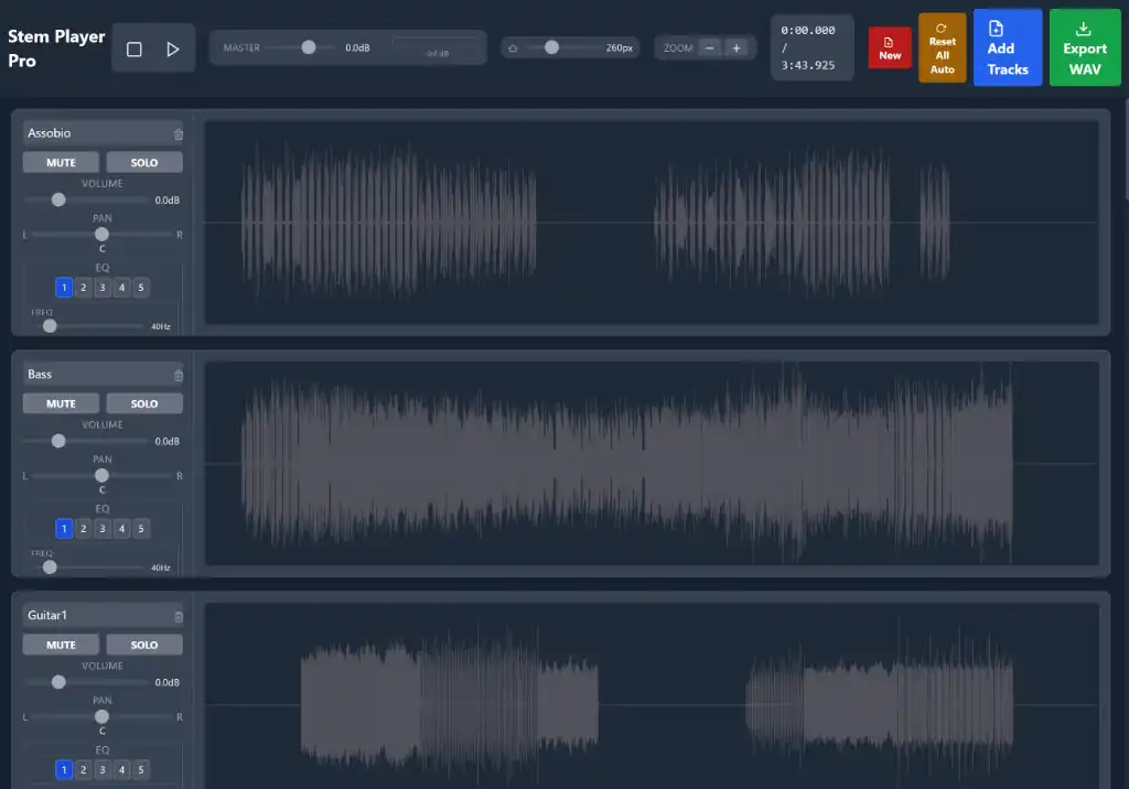 Interface de DAW 2D tradicional, mostrando faders e pan